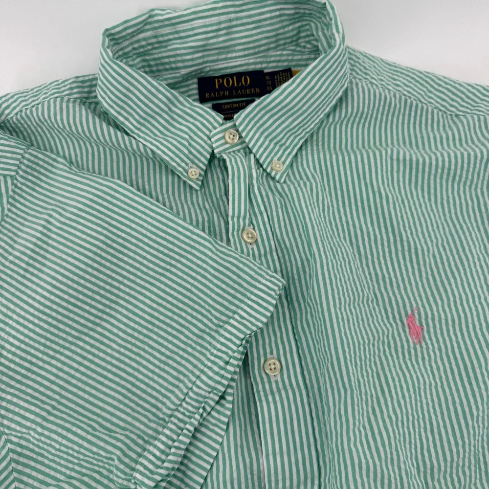 Polo Ralph Lauren Mens XL Custom Fit Green White Striped Seersucker Shirt SS